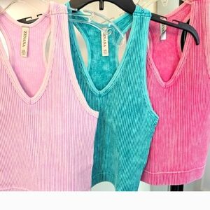 3pc Zenana Outfitters Ribbed Tank Tops - Light Pink, Teal, Bright Pink